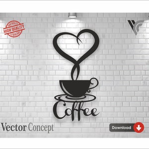 以下が含まれることがあります： 白いレンガの壁を背景に、コーヒーカップとハート型の蒸気を描いた白黒のベクターイラスト。カップの下に「Coffee」という文字が書かれている。