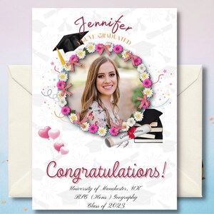 Cartão de formatura personalizado para ela, cartão de formatura com boné e rolagem com nome e universidade, cartão universitário, presentes de formatura, tema floral