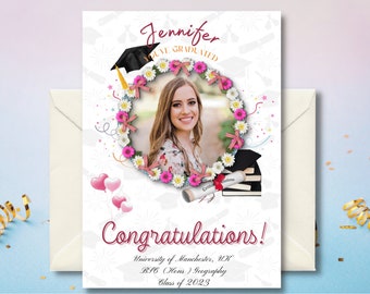 Personalised graduation card for her, graduation card with cap & scroll name and university, university card, graduation gifts, floral theme