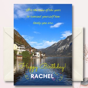 Tarjeta de feliz cumpleaños personalizada, montaña de tarjeta de cumpleaños de aventura en la naturaleza, lago de tarjeta de cumpleaños en blanco, tarjeta de cumpleaños de Hallstatt Austria para mamá