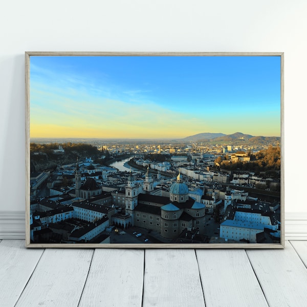 Salzburg Austria photography digital download, photography downloadable prints, aerial view of Salzburg poster city, panoramic wall art