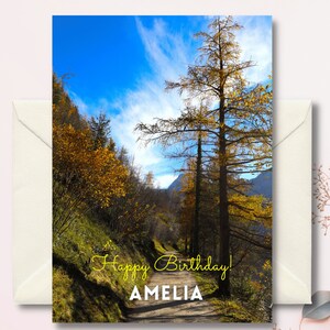 Personalised happy birthday card, scenic birthday cards, blank birthday card, walking path, nature tree, birthday card for him, card for her