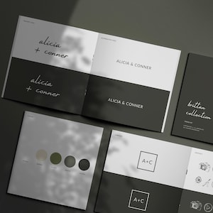 Op de afbeelding: Een branding presentatiedocument met zwart-witte pagina's met de tekst alicia + conner, ALICIA & CONNER en brittan collection. De lay-out bevat een kleurenpalet van vier cirkelvormige stalen en een set met lijntekening-pictogrammen.