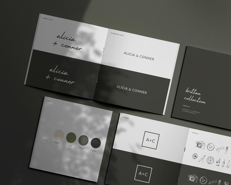 Op de afbeelding: Een branding presentatiedocument met zwart-witte pagina's met de tekst alicia + conner, ALICIA & CONNER en brittan collection. De lay-out bevat een kleurenpalet van vier cirkelvormige stalen en een set met lijntekening-pictogrammen.