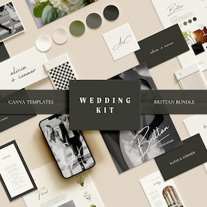 Puede incluir: Una colección de plantillas de papelería de boda en blanco y negro, que incluye tarjetas, una pantalla de teléfono inteligente y tableros de visión con el texto Wedding Kit, Brittan Bundle y Alicia + Conner impreso en varios diseños.