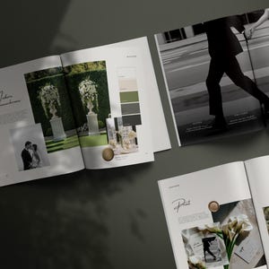 Puede incluir: Una colecci&oacute;n de revistas abiertas con fotograf&iacute;as de bodas, arreglos florales y paletas de colores. Las p&aacute;ginas muestran fotos en blanco y negro de parejas, texto que incluye Modern Monochrome y Print, y detalles de decoraci&oacute;n.