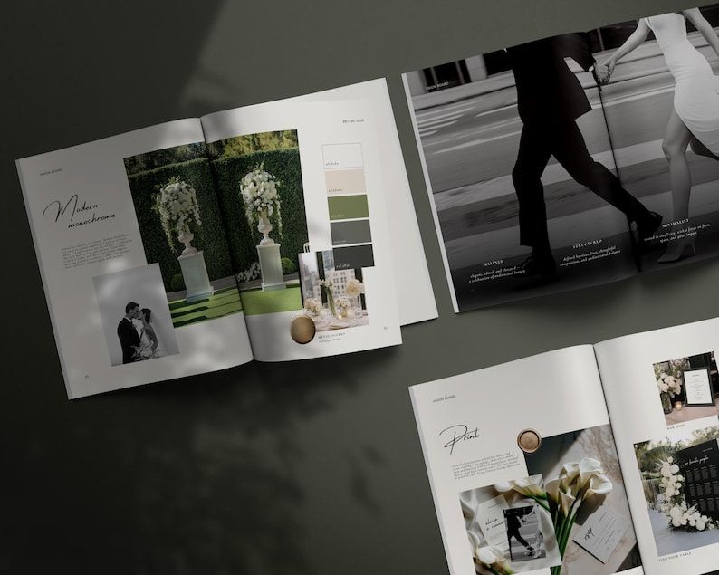 Puede incluir: Una colecci&oacute;n de revistas abiertas con fotograf&iacute;as de bodas, arreglos florales y paletas de colores. Las p&aacute;ginas muestran fotos en blanco y negro de parejas, texto que incluye Modern Monochrome y Print, y detalles de decoraci&oacute;n.