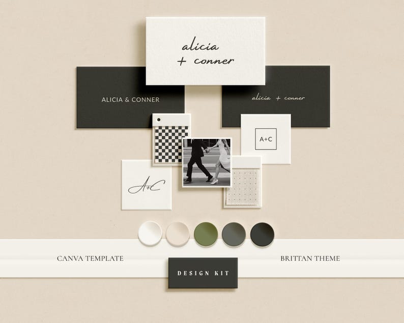 BRITTAN | Bruiloftsdesignpakket Canva-sjabloon | Minimalistisch bruiloftsthema-pakket met logo, kleuren en monogram | Aanpasbare moodboard-suite afbeelding 1