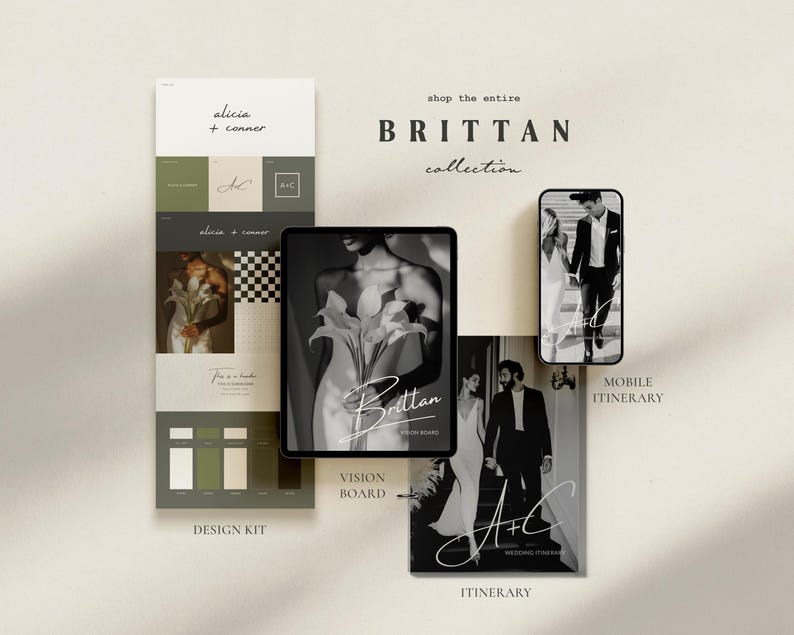 BRITTAN | Bruiloftsdesignpakket Canva-sjabloon | Minimalistisch bruiloftsthema-pakket met logo, kleuren en monogram | Aanpasbare moodboard-suite afbeelding 8