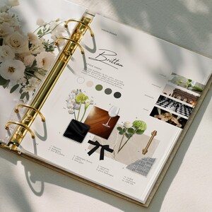 Puede incluir: Una p&aacute;gina de tablero de visi&oacute;n titulada Brittan en una carpeta de anillas doradas. La p&aacute;gina presenta una paleta de colores crema, oliva y carb&oacute;n, junto con im&aacute;genes de flores blancas, una copa de vino, una cinta negra y un tirador dorado.