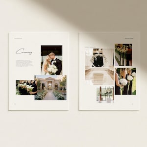Puede incluir: Un dise&ntilde;o de tablero de inspiraci&oacute;n para bodas de dos p&aacute;ginas con fondos blancos, texto negro y varias fotograf&iacute;as. La p&aacute;gina izquierda incluye el texto "Ceremony" e im&aacute;genes de una pareja, un lugar de celebraci&oacute;n y damas de honor. La p&aacute;gina derecha muestra "Floral Details" y "Brittany Thorne" con im&aacute;genes de arreglos florales.
