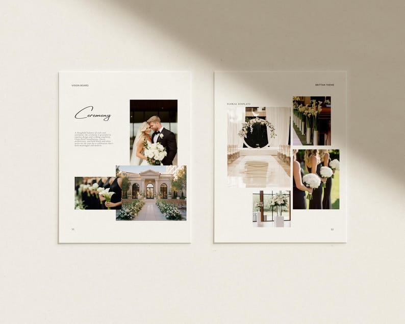 Puede incluir: Un dise&ntilde;o de tablero de inspiraci&oacute;n para bodas de dos p&aacute;ginas con fondos blancos, texto negro y varias fotograf&iacute;as. La p&aacute;gina izquierda incluye el texto "Ceremony" e im&aacute;genes de una pareja, un lugar de celebraci&oacute;n y damas de honor. La p&aacute;gina derecha muestra "Floral Details" y "Brittany Thorne" con im&aacute;genes de arreglos florales.