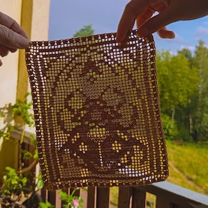 May include: A rectangular brown crochet doily featuring a detailed openwork pattern of a central floral motif surrounded by a geometric border. The intricate needlework creates a grid-like structure with visible gaps throughout the entire piece.