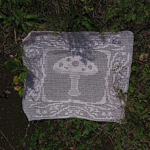 May include: A square white crochet doily featuring a central mushroom motif. The piece is crafted with a fine grid-like stitch pattern, creating a detailed silhouette of a mushroom cap and stem surrounded by a decorative border of intricate lace.