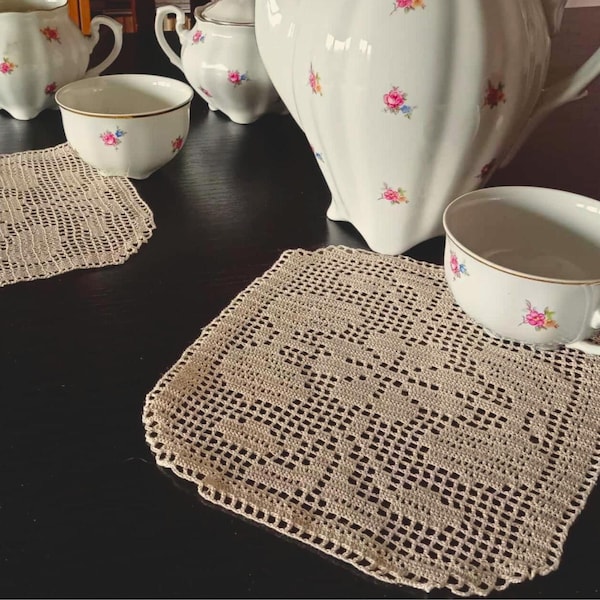 Tea Party Filet Crochet Doily - PDF Pattern