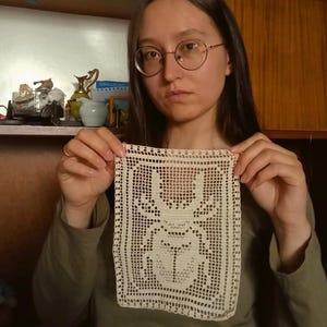 Puede incluir: Tapete cuadrado de ganchillo color crema con un diseño detallado de insecto en el centro. El patrón calado crea una apariencia delicada y texturizada. El tapete se sostiene, mostrando su intrincada artesanía y estética vintage.