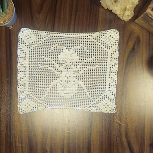 May include: Cream-colored, rectangular doily with a floral design in the center. The doily is made of crocheted lace and is placed on a dark wooden surface. Various potted plants and decorative items surround the doily.