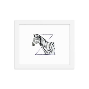 Z é para pôster de letras emolduradas de zebra, impressão em aquarela para berçário de bebês