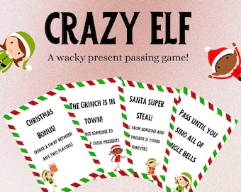 Könnte beinhalten: Ein Set farbenfroher Weihnachts-Spielkarten mit Illustrationen von Elfen und dem Text "Crazy Elf, Ein verrücktes Geschenk-Weitergabe-Spiel!" Die Karten enthalten Anweisungen wie "Weihnachtsbonus! (Zwinge einen Tausch zwischen zwei Spielern)", "Der Grinch ist in der Stadt! (Zwinge jemanden, sein Geschenk zu tauschen)", "Weihnachts-Super-Diebstahl! (Stelle jemandem etwas weg und das Geschenk gehört dir für immer)", und "Gib weiter, bis du alle Jingle Bells singst".