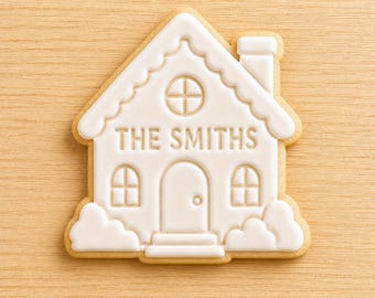 Personalized Christmas House Cookie Stamp and Cutter Set, Custom Family Name Biscuit Embosser