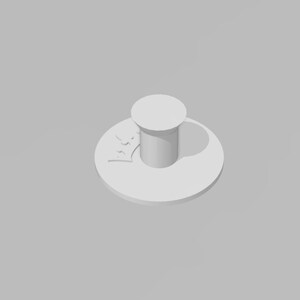 May include: White ceramic push pin with a round base and a cylindrical head. The base has a decorative design.