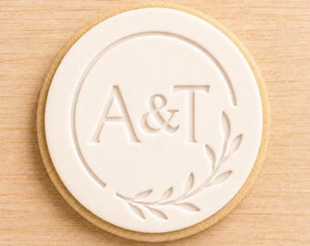 Personalized Cookie Stamp for Wedding with Initials and Leaf Wreath, Custom Fondant Embosser