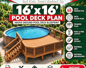 16x16 Pool Deck Plan | Above Ground Pool Deck Blueprint | DIY Construction Plans, Framing Plan, Material List & PDF