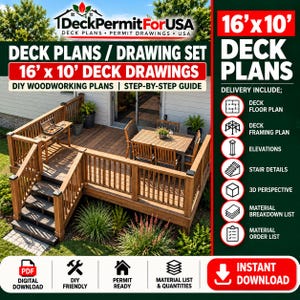 May include: A digital document set for 16' x 10' deck plans featuring a wooden deck with stairs, a table, and chairs. The graphic includes text labels for deck floor plan, framing plan, elevations, stair details, 3D perspective, and material lists.