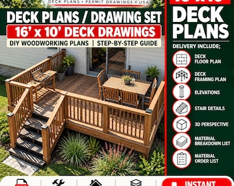 Deck Plans / Drawing Set - 16*10 Deck Drawings / DIY Woodworking Plans (with deck construction guide)