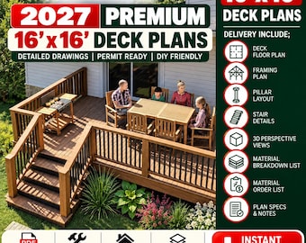 Terrasplannen / Tekeningenset - Terrastekeningen van 16'x16' / Terrasplattegronden / Doe-het-zelf houtbewerkingsplannen (inclusief handleiding voor terrasbouw)
