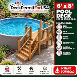 May include: A 6' x 8' wooden pool deck for an 18' round pool with black metal railings and stairs. The image includes text: DeckPermitForUSA, Deck Plans, Permit Drawings, USA, Pool Deck, Delivery Include, Deck Floor Plan, Framing Plan, and Instant Download.