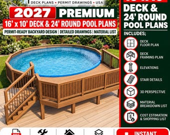 Poolside Paradise: Premium 16'x10' Deck Blueprint for Your Dream 24' Diameter Pool