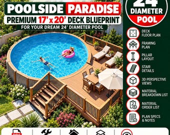 Poolside Paradise: Premium 17'x20' Deck Blueprint for Your Dream 24' Diameter Pool