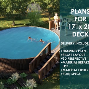 Poolside Paradise : plan de terrasse haut de gamme de 17 pi x 20 pi pour la piscine de vos rêves de 24 pi de diamètre