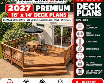 Premium 16'x14' Deck Blueprints, Deck Plans: Expert Designs for Your Dream Outdoor Space
