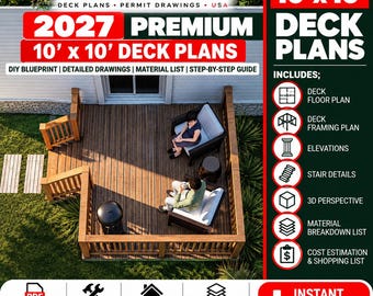 Deck Plans / Drawing Set - 10*10 Deck Drawings / DIY Woodworking Plans (With Deck Construction Guide)