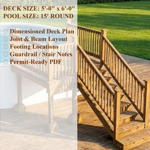 May include: A wooden deck and staircase with a railing, leading to a pool. The deck measures 1.52m x 1.83m, and the pool is 4.57m round. Text on the image includes: Dimensioned Deck Plan, Joist & Beam Layout, Footing Locations, Guardrail / Stair Notes, and Permit-Ready PDF.