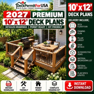May include: A set of 10'x12' deck plans from DeckPermitForUSA. The image shows a wooden deck with stairs, a dining table, chairs, and a grill. It includes a list of documents like floor plans, framing plans, and material lists for DIY projects.