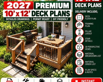 Deck Plans / Drawing Set - 10*12 Deck Drawings / DIY Woodworking Plans (with deck construction guide)