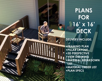 May include: Plans for a 16' x 16' deck with a framing plan, pillar layout, 3D perspective, view drawing, material breakdown list, material order list, and plan specs.