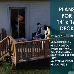 Deck Plans / Drawing Set - 14&#39;x16 Deck Drawings / Deck Blueprints / DIY Woodworking Plans (with deck construction guide)
