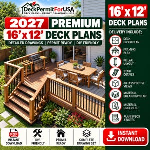 Puede incluir: Un gráfico digital para planos de terraza de 16' x 12' de 2027 por DeckPermitForUSA. La imagen muestra una terraza de madera con escaleras, un comedor y una parrilla, junto a una lista de documentos incluidos como planos de planta.