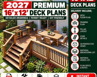 Terrasplannen / Tekeningenset - 16*12 Terrastekeningen / Doe-het-zelf Houtbewerkingsplannen (inclusief handleiding voor terrasbouw)