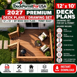 Puede incluir: Un conjunto de planos de terraza de 12' x 10' de DeckPermitForUSA. El documento incluye plano de planta, plano de estructura, alzados, detalles de escaleras, perspectiva 3D, lista de materiales y estimación de costes para un proyecto.