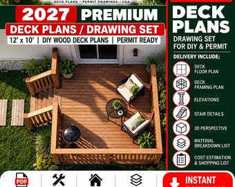 Deck Plans / Drawing Set - 12*10 Deck Drawings / Deck Blueprints / DIY Woodworking Plans (with deck construction guide)
