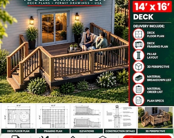 Deck Plans / Drawing Set - 14'x16 Deck Drawings / Deck Blueprints / DIY Woodworking Plans (with deck construction guide)