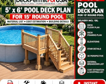 5 6 pool deck plan with material list, cost estimation, building details for 15 round pool