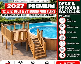 2027 12x12 Deck & 21' Round Pool Plans | Above Ground Pool Deck Blueprint | Permit Ready Deck Plans | DIY Building Plans