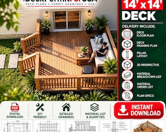 Deck Plans / Drawing Set - 14*14 Deck Drawings / Deck Blueprints / DIY Woodworking Plans (with deck construction guide)