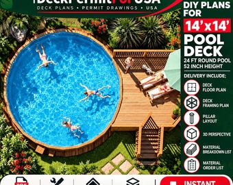 DIY Plans for Above Ground Pool Deck - 14 ft x 14 ft - 24 ft Round Pool - 52 inch Height
